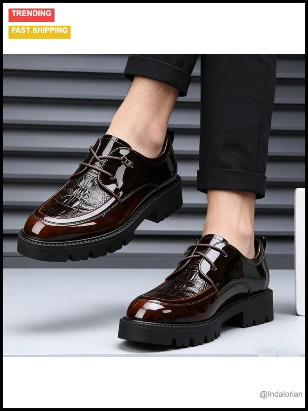 Men's Patent Leather Oxford Shoes Chunky Lug Sole Platform Derby Dress Shoes